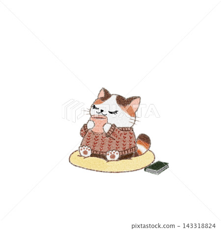 An illustration of a calico cat taking a break with a warm drink. 143318824