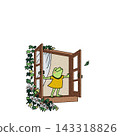 An illustration of a frog opening a window and taking a deep breath. 143318826