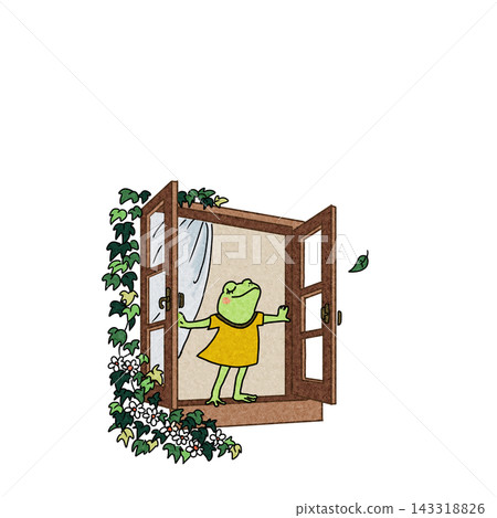 An illustration of a frog opening a window and taking a deep breath. 143318826