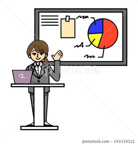 A woman in a suit presenting while raising her hand to greet and guide people in front of a whiteboard (color illustration material) A woman in a suit presenting while raising her hand to greet and guide people in front of a whiteboard (color illustration material) 143319122