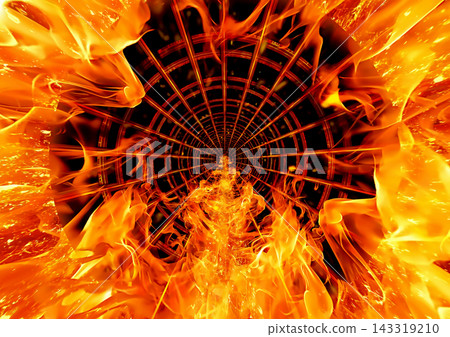 A futuristic warp tunnel background with flames and glowing rings. 143319210