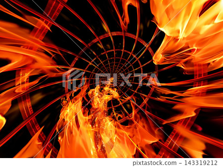 A futuristic warp tunnel background with flames and glowing rings. 143319212