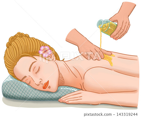 Woman enjoying a body oil massage treatment Woman enjoying a body oil massage treatment 143319244