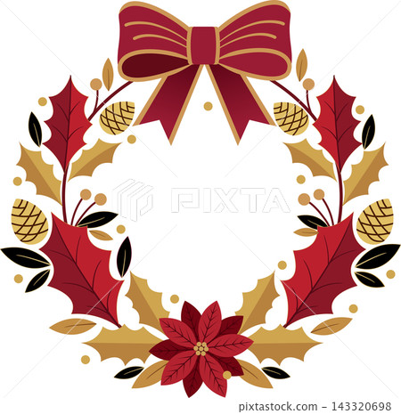 A festive Christmas decorative frame featuring a large burgundy bow at the top, symmetrical golden foliage, holy leaves, golden ornaments, branches, and vibrant red poinsettia flowers. A festive Christmas decorative frame featuring a large burgundy bow at the top, symmetrical golden foliage, holy leaves, golden ornaments, branches, and vibrant red poinsettia flowers. 143320698