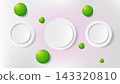 Modern 3D render display backdrop with white circular geometric platforms and glossy green balls for product presentation on a soft pink gradient 143320810