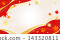 A vibrant autumn background frame featuring maple leaves and traditional Japanese patterns, in red and gold with space for text. 143320811