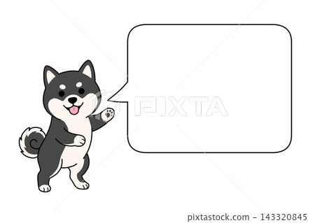 一幅可愛的黑色柴犬插圖,旁邊有一個大對話框,提供指示(留白)。 一幅可愛的黑色柴犬插圖,旁邊有一個大對話框,提供指示(留白)。 143320845