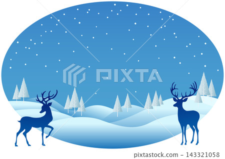 Winter landscape illustration in an oval frame with two silhouettes of blue deer or stags with elegant antlers on the left and right sides, and a gradient blue sky filled with falling white snowflakes 143321058