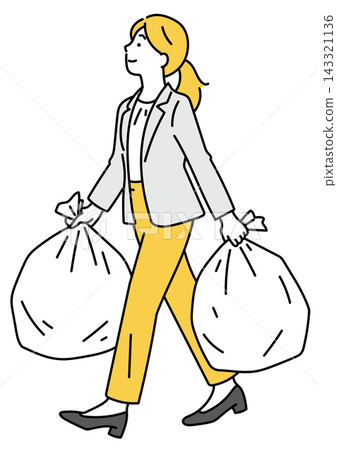 Illustration of a female office worker carrying garbage bags Illustration of a female office worker carrying garbage bags 143321136