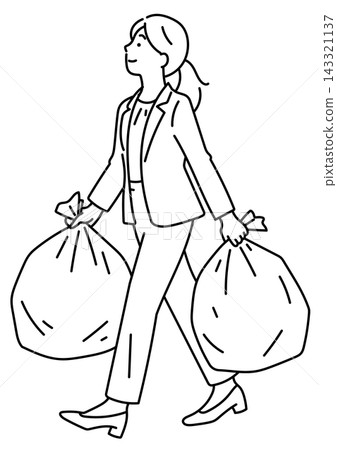 Illustration of a female office worker carrying garbage bags Illustration of a female office worker carrying garbage bags 143321137