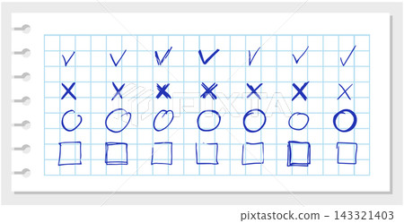 Check marks hand drawn doodle vector set. 143321403