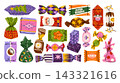 Festive set of colorful wrapped sweets, candy bars, caramels, toffees, lollipops and chocolate treats with playful holiday packaging. Hand drawn vector illustration for creating design and printing. 143321616