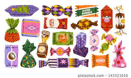 Festive set of colorful wrapped sweets, candy bars, caramels, toffees, lollipops and chocolate treats with playful holiday packaging. Hand drawn vector illustration for creating design and printing. Festive set of colorful wrapped sweets, candy bars, caramels, toffees, lollipops and chocolate treats with playful holiday packaging. Hand drawn vector illustration for creating design and printing. 143321616