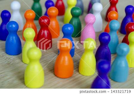 Colorful figures arranged in a balanced group representing diversity, inclusion, equity, and leadership with customizable space for text Colorful figures arranged in a balanced group representing diversity, inclusion, equity, and leadership with customizable space for text 143321719
