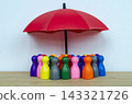 Diverse figures protected under red umbrellas representing inclusive leadership, equal support, and workplace equity 143321726