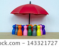 Diverse figures protected under red umbrellas representing inclusive leadership, equal support, and workplace equity with customizable space for text 143321727