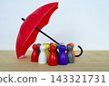 Colorful figures supported beneath a red umbrella representing inclusive leadership, fairness, diversity, and equal opportunity 143321731