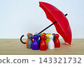 Diverse colorful figures arranged in a collaborative group covered with umbrella representing belonging, inclusion and equity 143321732