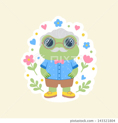 Grandpa frog sticker character with mustache and glasses isolated on cream background. Grandpa frog sticker character with mustache and glasses isolated on cream background. 143321804