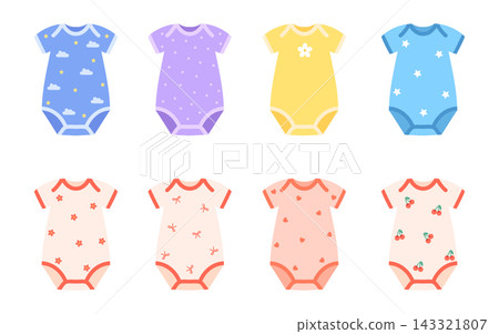 Set of colorful baby dresses with floral, cherry, and polka dot prints. Set of colorful baby dresses with floral, cherry, and polka dot prints. 143321807