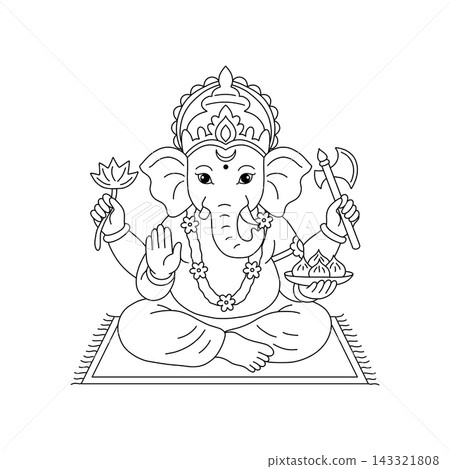 Lord Ganesha coloring page outline. Vector black and white Hindu deity line art character isolated on white background. Lord Ganesha coloring page outline. Vector black and white Hindu deity line art character isolated on white background. 143321808