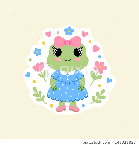 Girl frog sticker design. Vector mascot character in blue dress Girl frog sticker design. Vector mascot character in blue dress 143321823