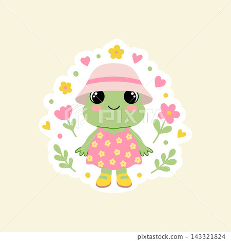Girl frog sticker character in pink floral dress and hat on cream backdrop. Girl frog sticker character in pink floral dress and hat on cream backdrop. 143321824