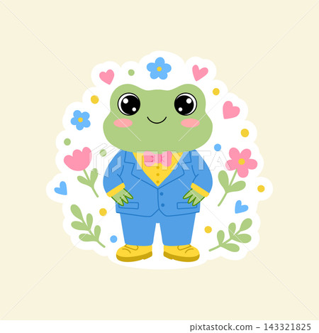Gentleman frog sticker design. Vector mascot in blue suit and bow tie Gentleman frog sticker design. Vector mascot in blue suit and bow tie 143321825