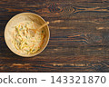 Home cooking vegetable fritters preparation with mixed batter in a bowl on wooden table 143321870