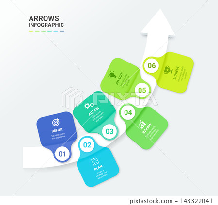 Infographic Staircase Step Business Growth timeline with 6 Step Arrow Process and Concepts for Success Diagram Background Infographic Staircase Step Business Growth timeline with 6 Step Arrow Process and Concepts for Success Diagram Background 143322041