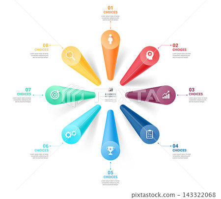 8 Choices 3D Infographic Background with Colorful Cone Elements 8 Choices 3D Infographic Background with Colorful Cone Elements 143322068
