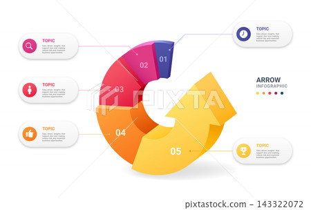 Modern 3D Circular Arrow 5 Step Business Process Infographic Template Background Diagram Concept. Modern 3D Circular Arrow 5 Step Business Process Infographic Template Background Diagram Concept. 143322072