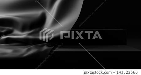 Luxury black silk fabric with podium on dark background with copy space design for black friday banner 3D render 143322566