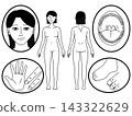 A black and white communication board featuring a woman's face and body. 143322629