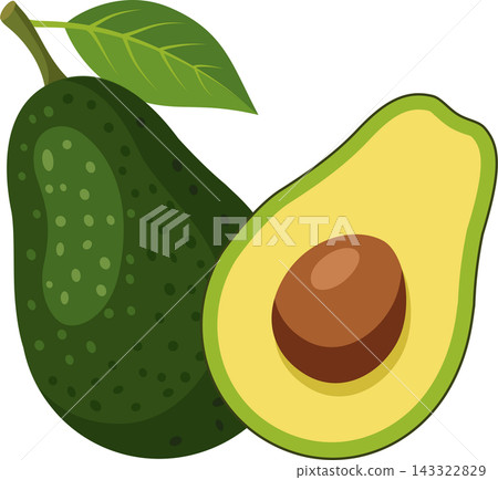 Illustration of a whole avocado with its stem and leave, and a half sliced avocado set against a transparent background. Illustration of a whole avocado with its stem and leave, and a half sliced avocado set against a transparent background. 143322829