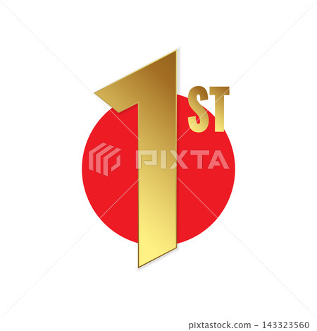 Golden First award with red ribbon. Winner or champion background. Vector illustration 143323560