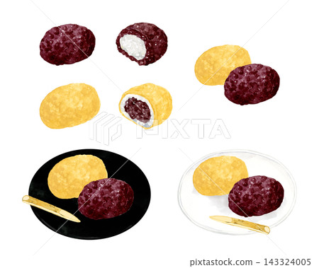 Red bean and kinako (roasted soybean flour) ohagi (botamochi) set - Hand-drawn watercolor illustration material Red bean and kinako (roasted soybean flour) ohagi (botamochi) set - Hand-drawn watercolor illustration material 143324005