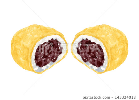 Half-cut ohagi (botamochi) coated in kinako (roasted soybean flour) - Hand-drawn watercolor illustration material Half-cut ohagi (botamochi) coated in kinako (roasted soybean flour) - Hand-drawn watercolor illustration material 143324018