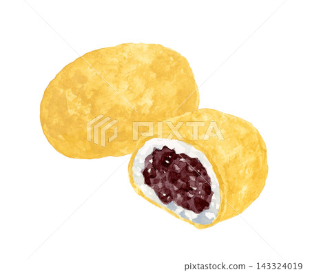 Half-cut ohagi (botamochi) coated in kinako (roasted soybean flour) - Hand-drawn watercolor illustration material 143324019