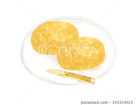 Kinako-covered ohagi (botamochi) on a plate - Hand-drawn watercolor illustration material Kinako-covered ohagi (botamochi) on a plate - Hand-drawn watercolor illustration material 143324023