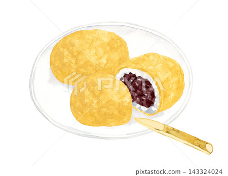 Half-cut ohagi (botamochi) coated in kinako (roasted soybean flour) - Hand-drawn watercolor illustration material Half-cut ohagi (botamochi) coated in kinako (roasted soybean flour) - Hand-drawn watercolor illustration material 143324024