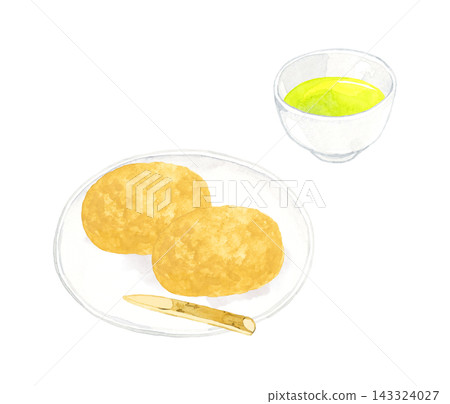 Kinako-covered ohagi (botamochi) and green tea set - Hand-drawn watercolor illustration material Kinako-covered ohagi (botamochi) and green tea set - Hand-drawn watercolor illustration material 143324027