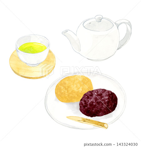 A set of ohagi (botamochi) with red bean paste and kinako (roasted soybean flour) and green tea - hand-drawn watercolor illustration material A set of ohagi (botamochi) with red bean paste and kinako (roasted soybean flour) and green tea - hand-drawn watercolor illustration material 143324030