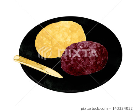 Ohagi (botamochi) with red bean paste and kinako powder on a plate - Hand-drawn watercolor illustration material 143324032