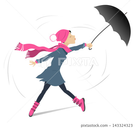 Rainy season. Young woman with umbrella. Windy day and rainy. Young woman with an umbrella staying on the strong wind Rainy season. Young woman with umbrella. Windy day and rainy. Young woman with an umbrella staying on the strong wind 143324323