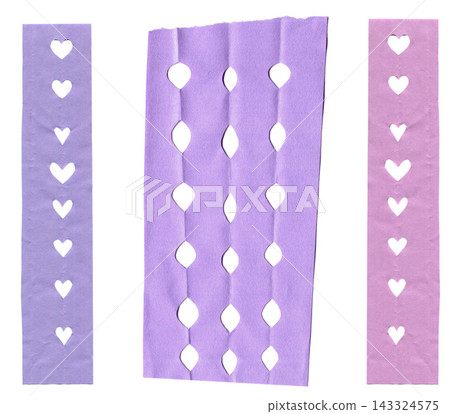 Paper cutout banners with heart shaped holes set isolated on white background. Lilac paper strip collages with cut outs. 143324575