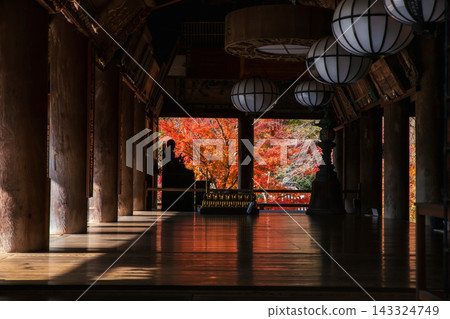 Buddha statue in Hasedera temple hall with red autumn leaf, Nara Buddha statue in Hasedera temple hall with red autumn leaf, Nara 143324749