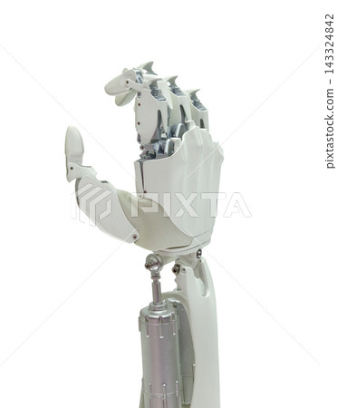 Articulated robotic hand mechanism closeup on white background Articulated robotic hand mechanism closeup on white background 143324842