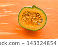 Cut white pumpkin and bright yellow flesh 143324854