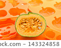 Making Halloween sweets: Ingredients, pumpkin seeds, and cross-section 143324858